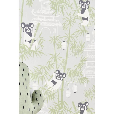 Majvillan Pandák bambuszon szürke vlies gyerek tapéta Bambu Grey 53 cm X 10 m
