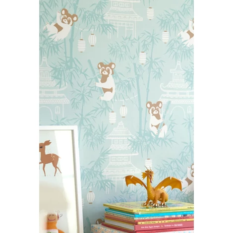 Majvillan Pandák bambuszon türkiz vlies gyerek tapéta Bambu Turquoise 53 cm X 10 m