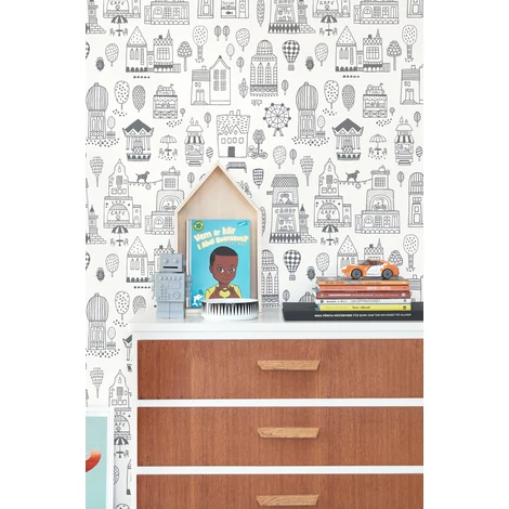 Majvillan Hangulatos kézzel rajzolt kisváros fekete-fehér vlies gyermek tapéta Small Town Soft Black 53 cm X 10 m