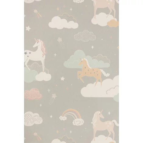 Majvillan Szivárványok és unikornisok szürke vlies gyerek tapéta Rainbow Treasures Mud Grey 53 cm X 10 m