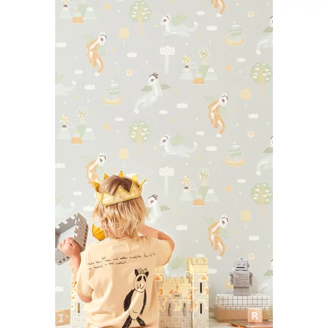 Majvillan Repülő sárkányok szürke vlies gyerek tapéta Magical Adventure Soft Grey 53 cm X 10 m