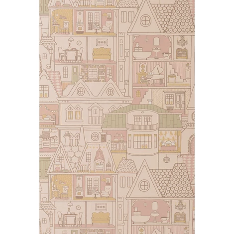 Majvillan Babaház a falon rózsaszín vlies gyerek tapéta Dollhouse Sunny Pink 53 cm X 10 m (matricázható!)