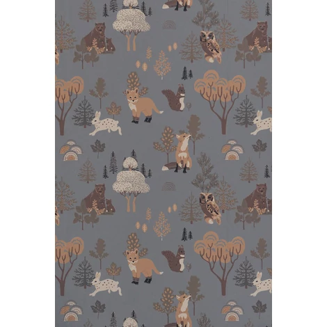 Majvillan Erdei állatok a fák alatt kék vlies gyerek tapéta Deep Forest Midnight Blue 53 cm X 10 m