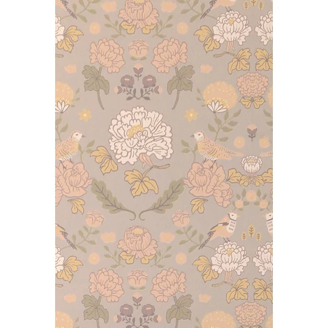 Majvillan Skandináv virágmintás szürke vlies tapéta madarakkal June Mindful Grey 53 cm X 10 m