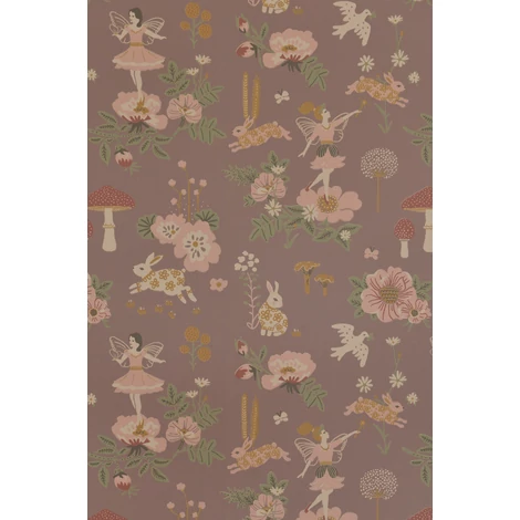 Majvillan Tündérek virágos kertben lilás barna vlies gyerek tapéta Old Garden Plum 52 cm X 10 m