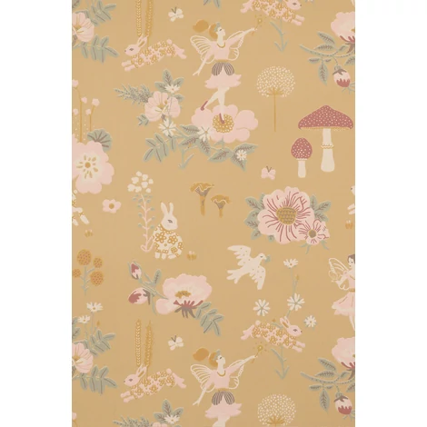 Majvillan Tündérek virágos kertben mézsárga vlies gyerek tapéta Old Garden Mellow Yellow 52 cm X 10 m