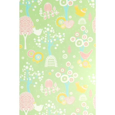Majvillan Madárkás vidám zöld vlies gyerek tapéta Cherry Valley Yellow 53 cm X 10 m