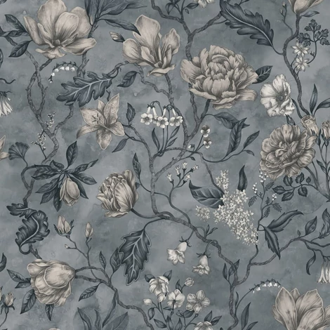 Sandberg Virág mintás klasszikus kék vlies tapéta Linda Misty Blue 53 cm X 10 m