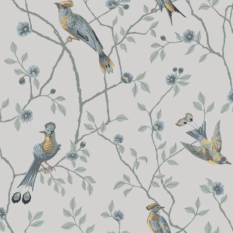 Sandberg Egzotikus madár mintás kék-bézs vlies tapéta Eugen Sandstone 53 cm X 10 m
