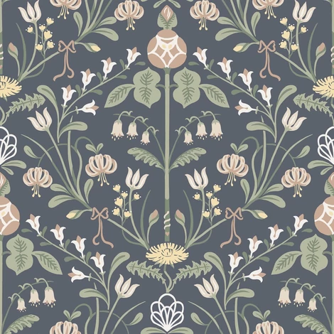 Sandberg Art nouveau stílusú sötétkék vlies tapéta Till Carl Indigo 53 cm X 10 m