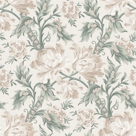 Sandberg Reneszánsz virágos zöld-bézs vlies tapéta Amelia Eggshell 53 cm X 10 m