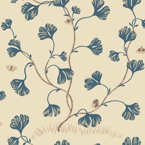 Sandberg Ginkgo leveles lepkés kék vlies tapéta Ebba Blue 53 cm X 10 m