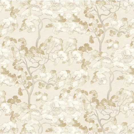Sketchtwenty3 Ginkgo fás elegáns szövethatású bézs vlies tapéta Jacinta Champagne 53 cm X 10 m