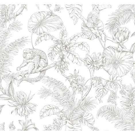 York Trópusi erdő majmokkal barna-fehér monokróm vlies tapéta Tropical Sketch Toile Brown 68,58 cm X 8,22 m