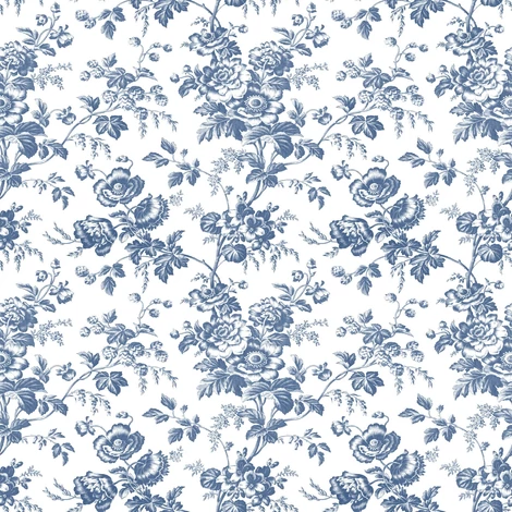 York Romantikus virágmintás kék-fehér vlies tapéta Anemone Toile Navy 52 cm X 10 m