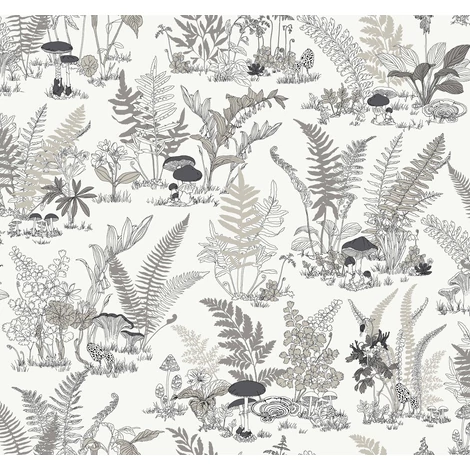 York Gombák a páfrányok alatt fekete-szürke vlies tapéta arany részletekkel Mushroom Garden Toile Black/Grey 68,58 cm X 8,22 m