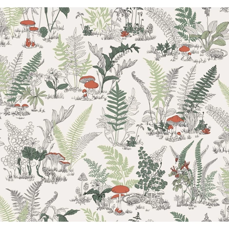 York Gombák a páfrányok alatt zöld-fehér vlies tapéta arany részletekkel Mushroom Garden Toile Red/Green 68,58 cm X 8,22 m