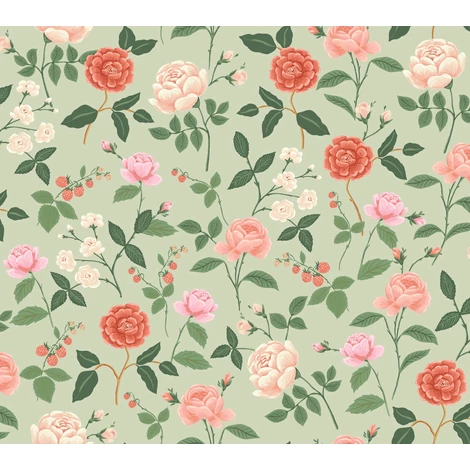 York Rózsa mintás zöld-piros vlies tapéta Roses Mint 68,58 cm X 8,22 m