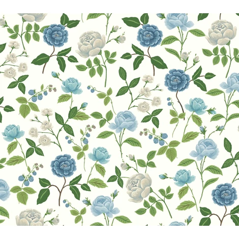 York Rózsa mintás kék-fehér vlies tapéta Roses Blue-White 68,58 cm X 8,22 m