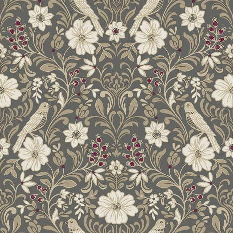 York Szecessziós stílusú madaras sötétszürke-bézs vlies tapéta Colette Charcoal 52 cm X 10 m
