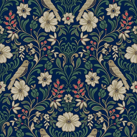 York Szecessziós stílusú madaras sötétkék vlies tapéta Colette Navy 52 cm X 10 m