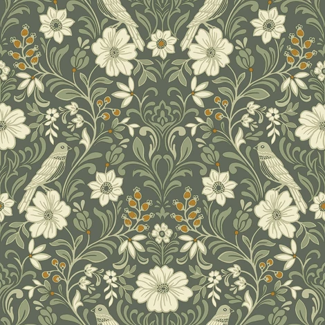York Szecessziós stílusú madaras olivazöld vlies tapéta Colette Olive 52 cm X 10 m