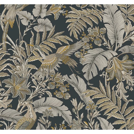 York Virágos fekete vlies tapéta darumadarakkal Heronwood Black 68,58 cm X 8,22 m