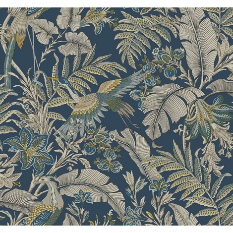 York Virágos kék vlies tapéta darumadarakkal Heronwood Navy 68,58 cm X 8,22 m
