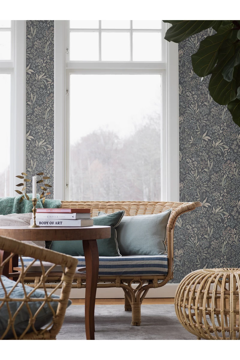 Boras Romantikus levél mintás sötétkék vlies tapéta Nocturne Blue 53 cm X 10 m