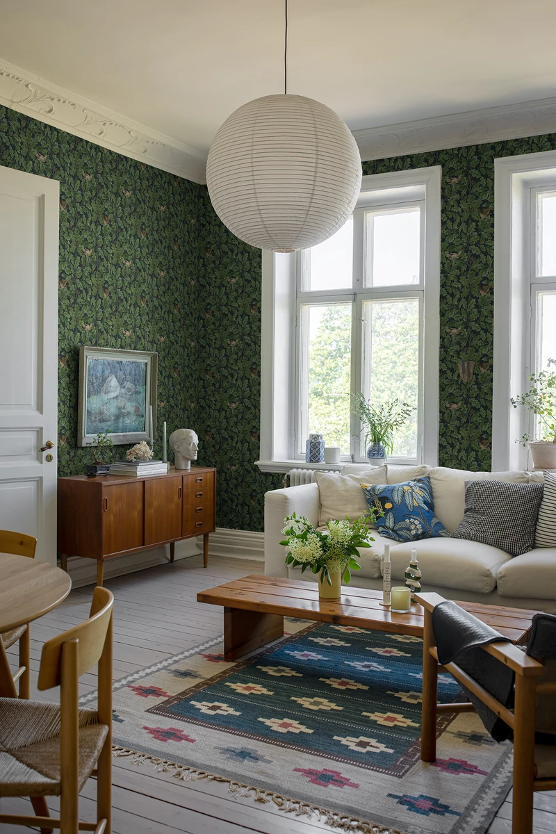 Boras Madaras levélmintás zöld vlies tapéta In the Oak Multi 49 cm X 10 m