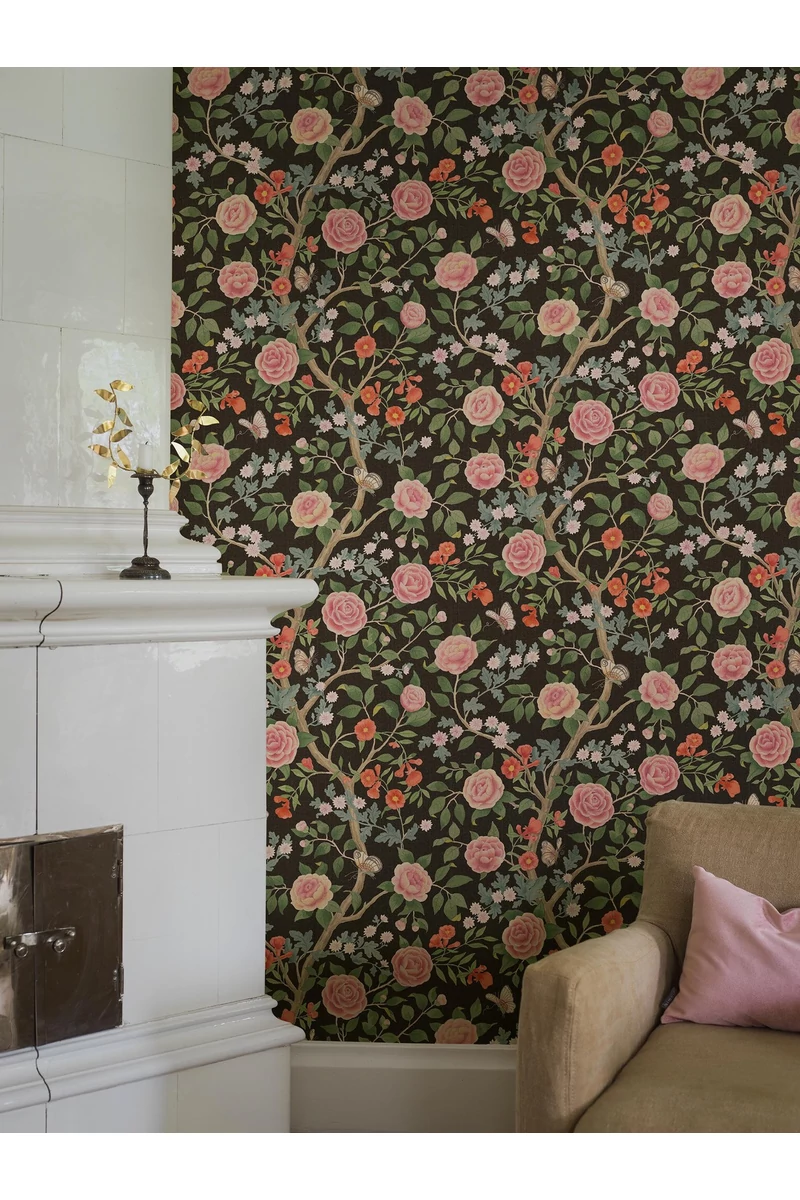 Boras Rózsás lepkés romantikus fekete vlies tapéta Kamelia Black 49 cm X 10 m