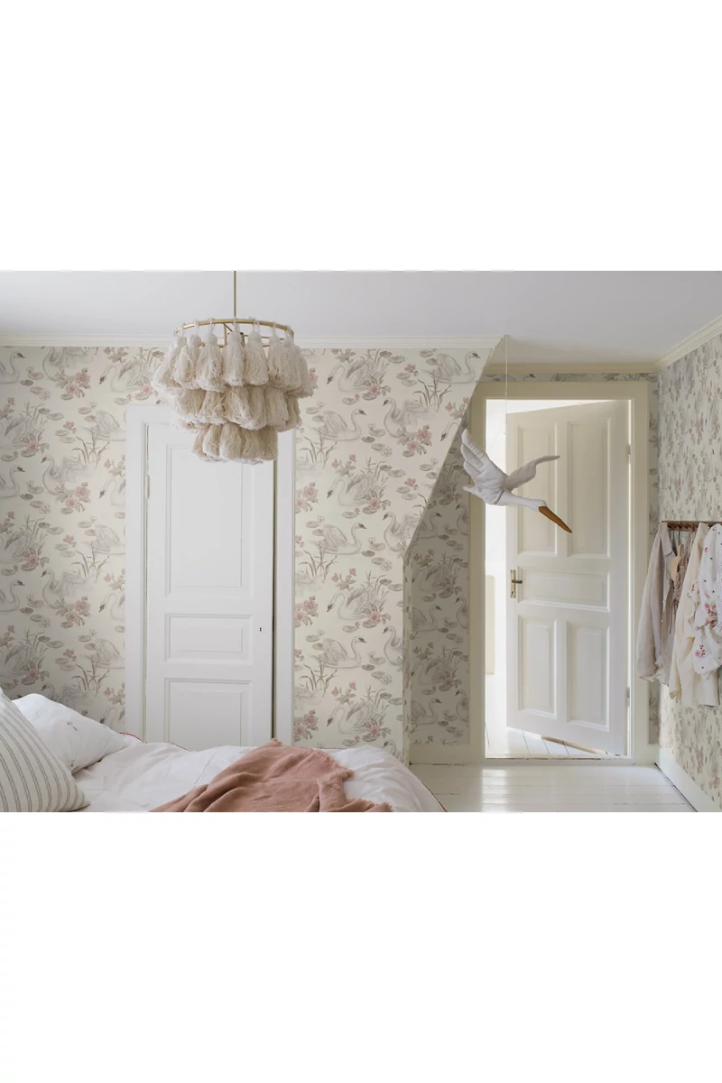 Boras Hattyú mintás romantikus krém színű vlies tapéta Lily Swan Multi 53 cm X 10 m