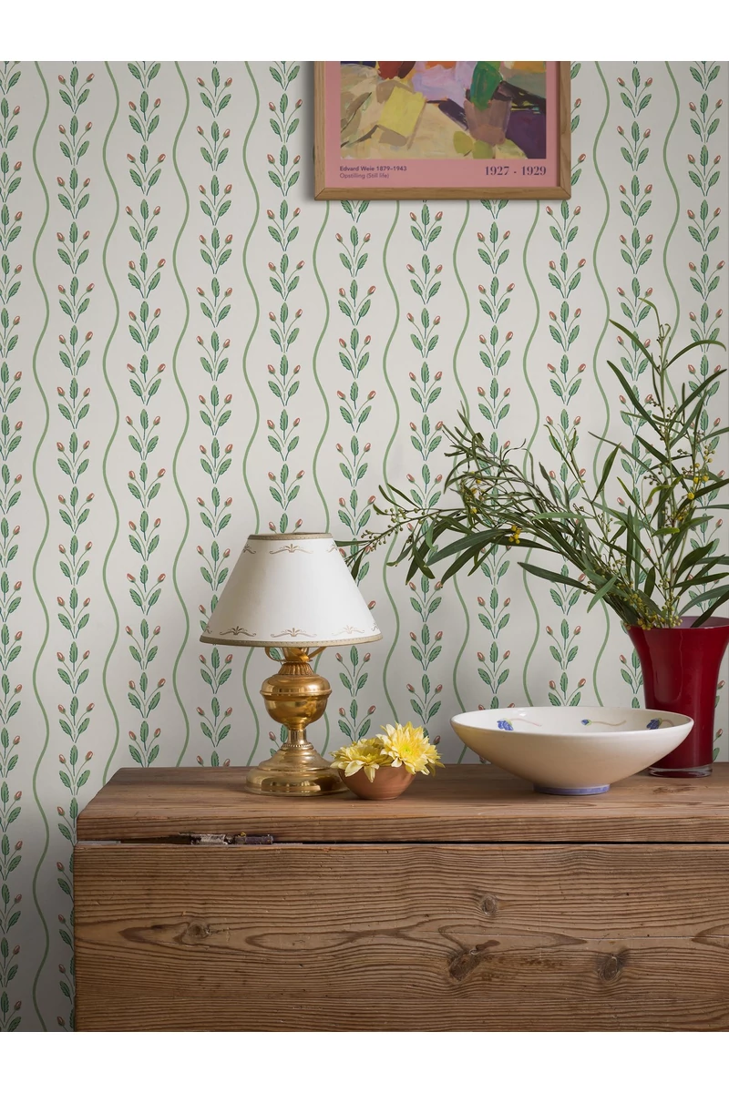 Boras Hullámos skandináv zöld vlies taptéa Flower Buds Green 53 cm X 10 m