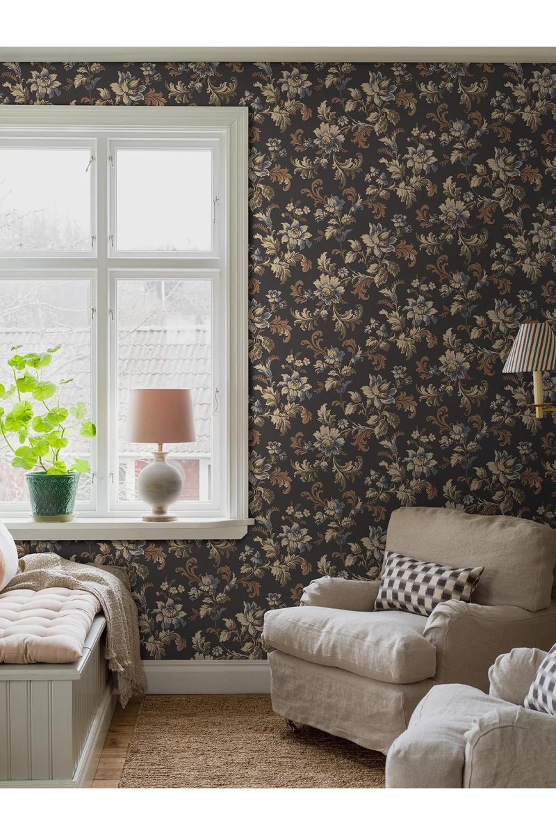 Boras Reneszánsz virágos fekete vlies tapéta Elvira Black 53 cm X 10 m
