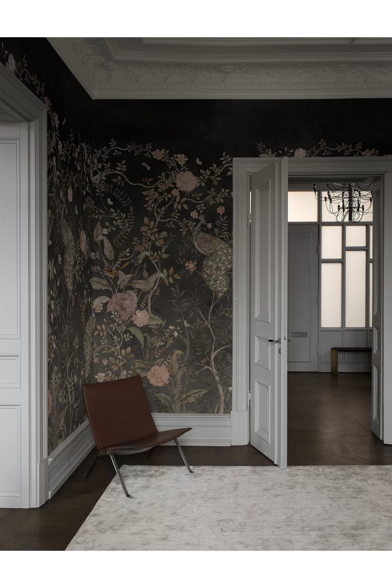 Boras Romantikus páva mintás fekete vlies poszter tapéta Chinoiserie Black 49 cm