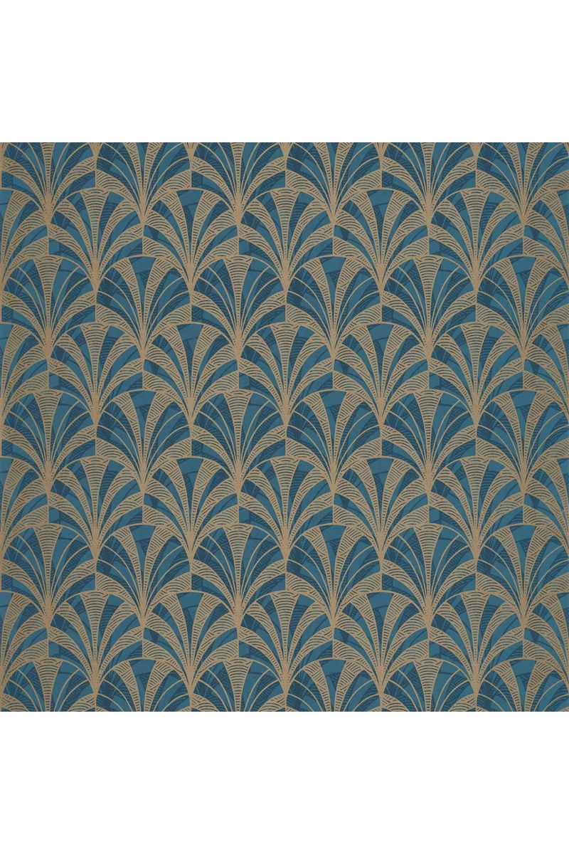 Casadeco Pálmalevél mintás art deco kék-arany vlies tapéta 1930 Palmette Bleu 53 cm X 10 m