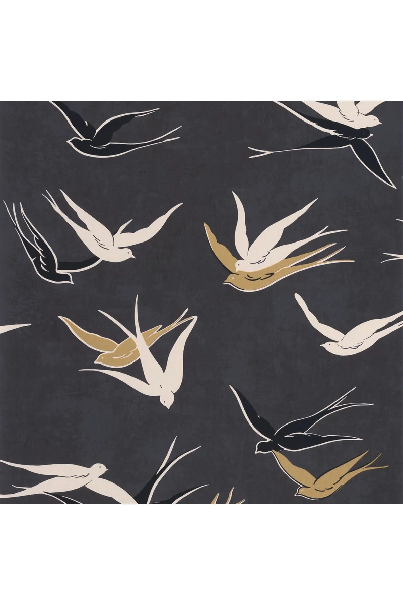 Casadeco Madár mintás modern arany-fekete vlies tapéta Swallow Noir Reglisse 53 cm X 10 m