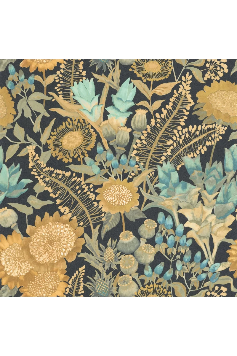 Casadeco Napraforgós elegáns zöld-türkiz vlies tapéta Saint-Paul De Vence Vert Cypres/Turquoise 53 cm X 10 m