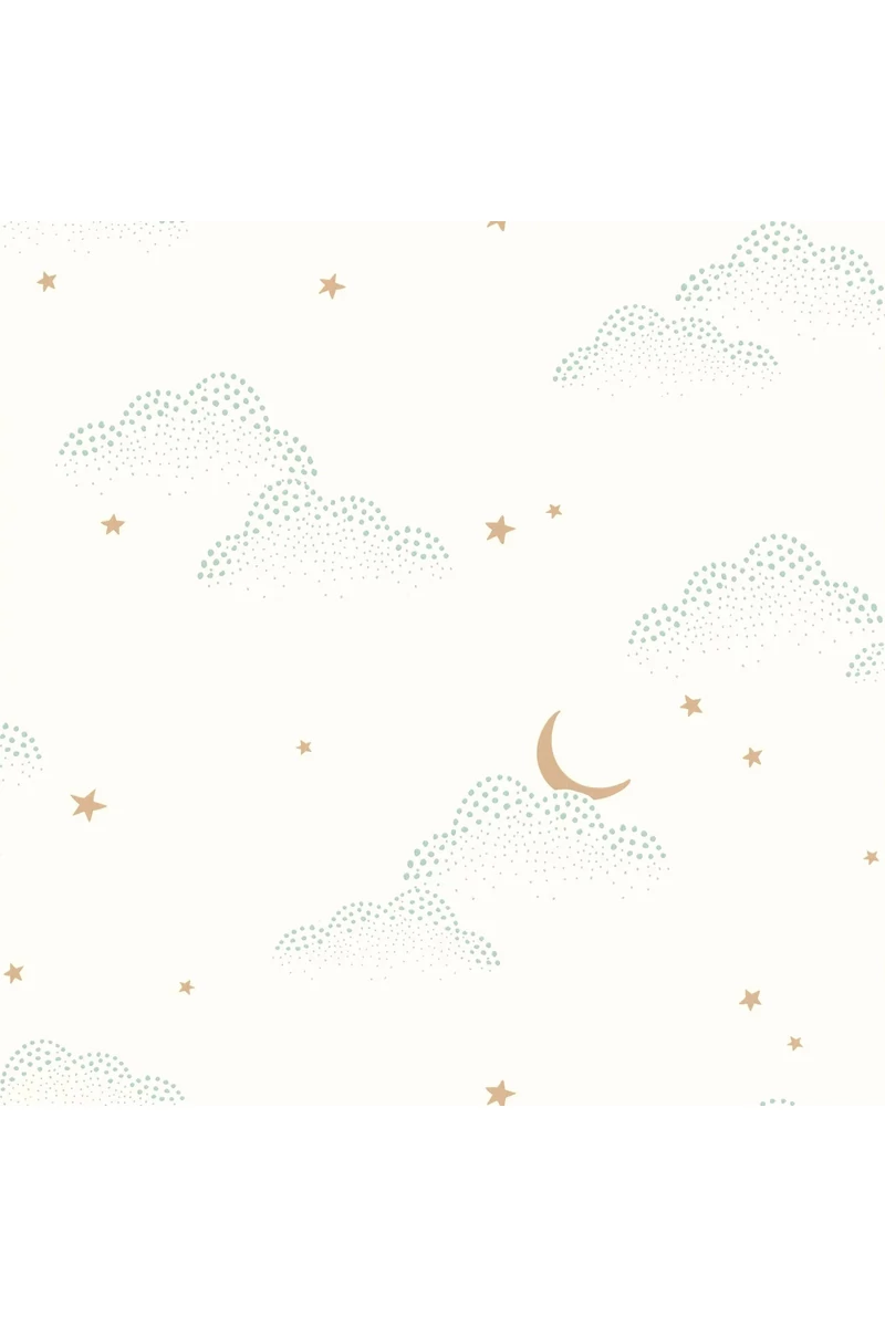 Caselio Felhő mintás fehér vlies tapéta csillagokkal S'Evader Menthe 53 cm X 10 m