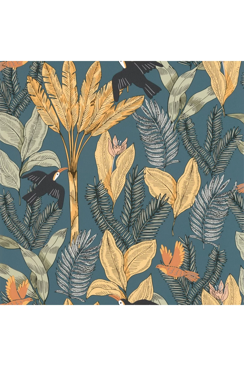 Caselio Trópusi dzsungel mintás sötétkék vlies tapéta Explorer Bleu Nuit 53 cm X 10 m