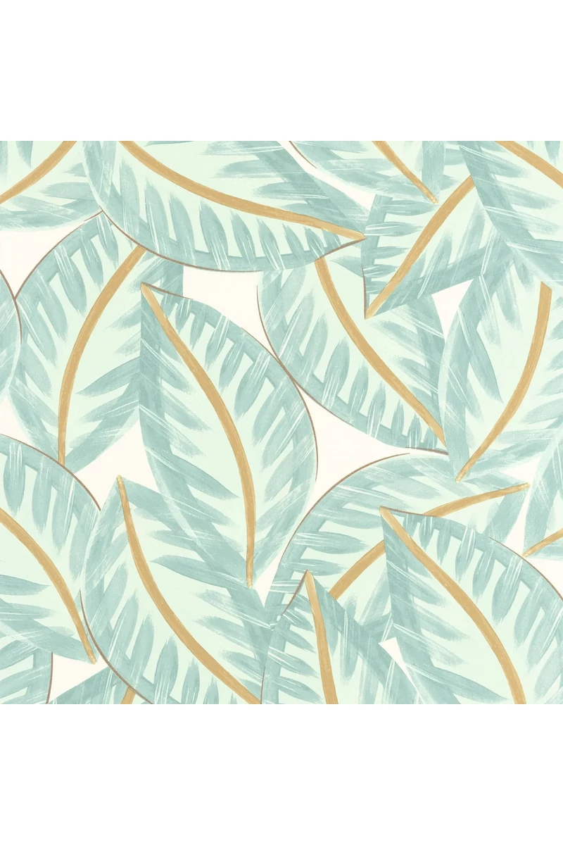Caselio Levélmintás modern kékes zöld vinyl tapéta Caracas Vert D'Eau Or 53 cm X 10 m