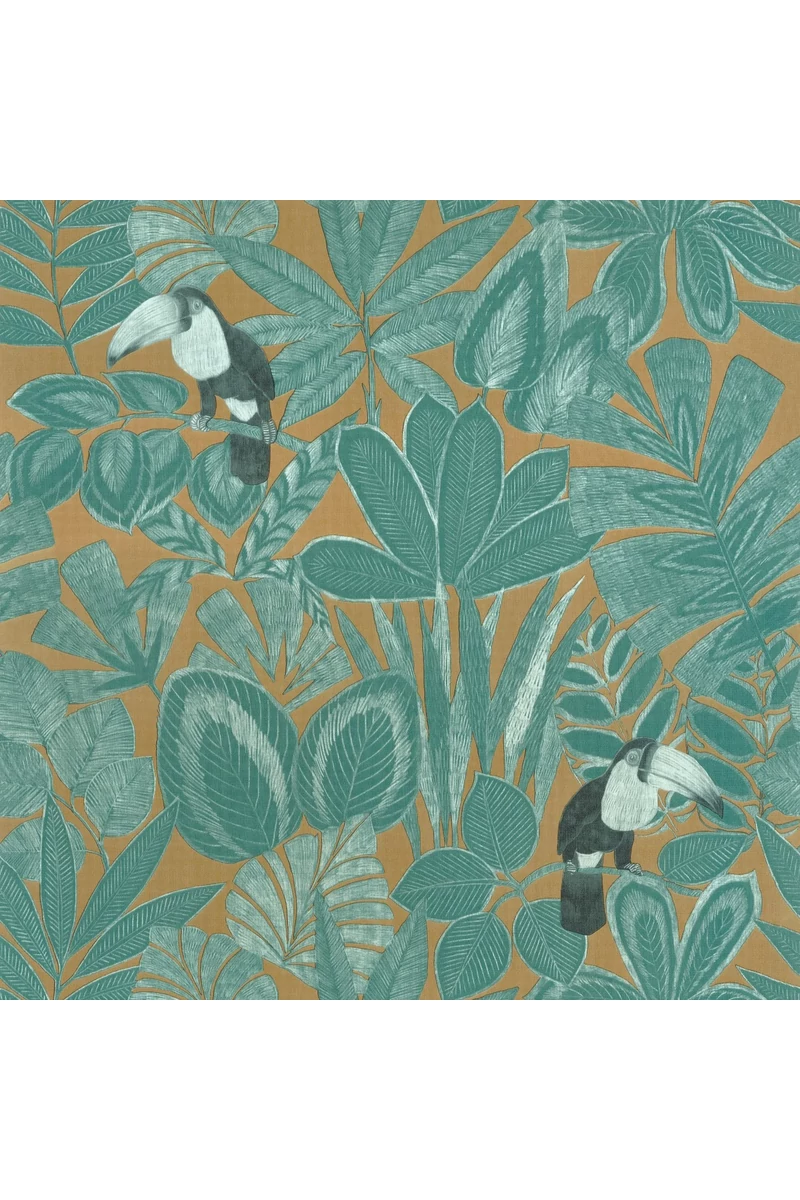 Caselio Egzotikus levél mintás zöld-okkersárga vinyl tapéta madárral Rio Vert Anglais 53 cm X 10 m