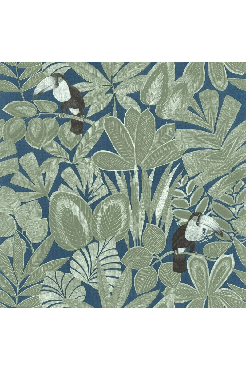 Caselio Egzotikus levél mintás keki zöld-kék vinyl tapéta madárral Rio Vert Kaki Bleu 53 cm X 10 m