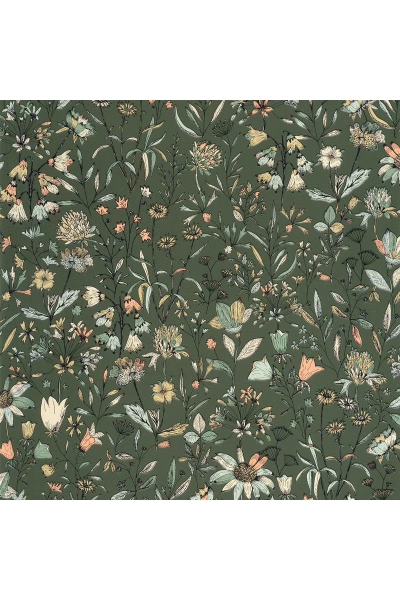 Caselio Romantikus vadvirágos zöld vinyl tapéta Jardin De Giverny Vert Anglais 53 cm X 10 m