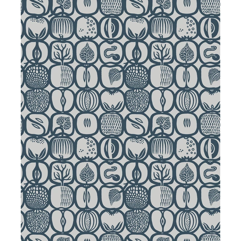 Boras Gyümölcs mintás retro kék vlies tapéta Stig Lindberg Fruktlåda Blue 53 cm X 10 m
