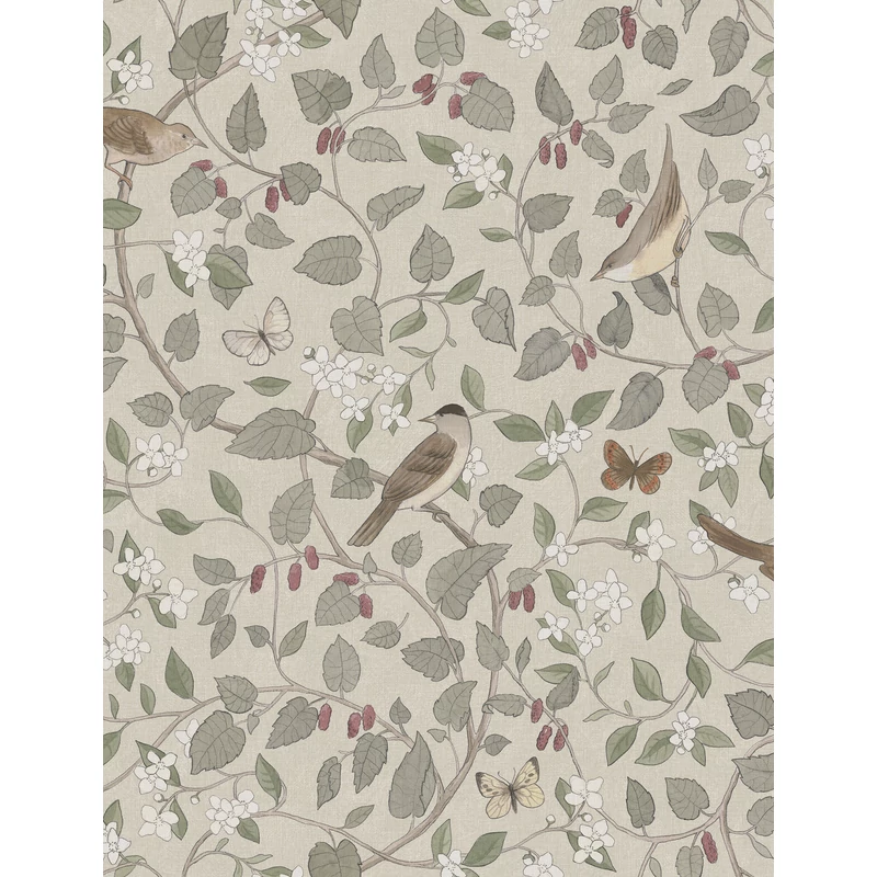 Boras Levél indás madaras bézs vlies tapéta Sångfåglar Beige 49 cm X 10 m