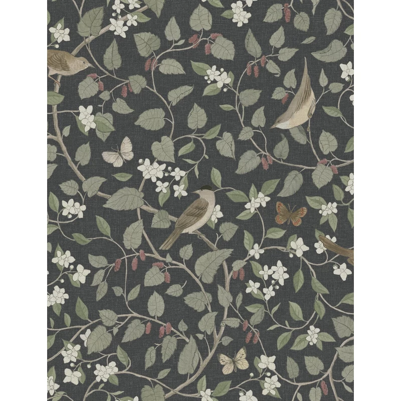 Boras Levél indás madaras fekete vlies tapéta Sångfåglar Black 49 cm X 10 m