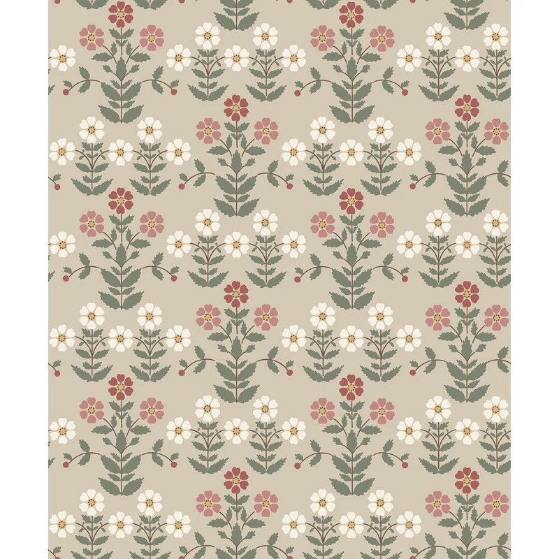 Boras Klasszikus skandináv virág mintás zöld-piros vlies tapéta Sippor Red 53 cm X 10 m