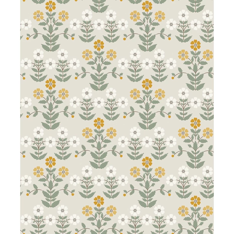 Boras Klasszikus skandináv virág mintás zöld-bézs vlies tapéta Sippor Yellow 53 cm X 10 m