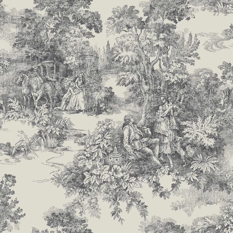 Boras Klasszikus toile mintás fekete-fehér vlies tapéta Toile de Jouy Black 53 cm X 10 m